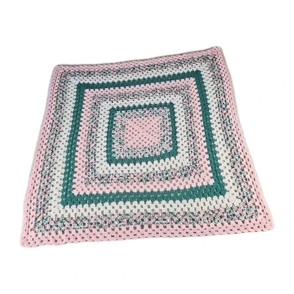 Vintage Afghan Granny Concentric Square Throw Blanket Green Pink‎ White 50